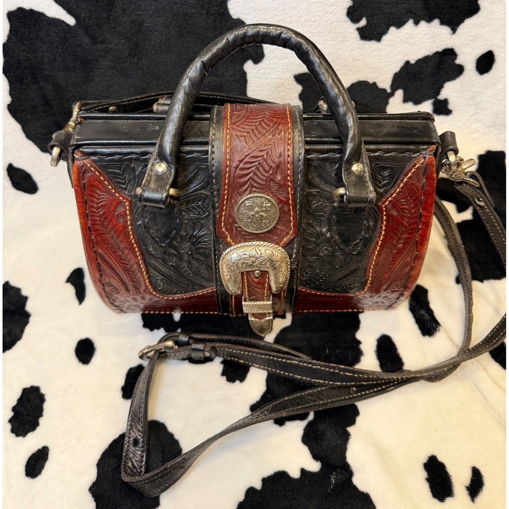 American West Tooled Leather Doctor Bag Western Crossbody Satchel Black Brown - Picture 9 of 9